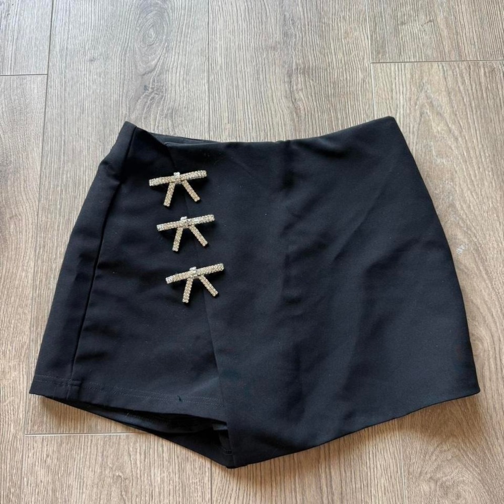 Black Skort Small Rhinestone Bow Mini Skirt‎ Shorts Coquette Going Out
